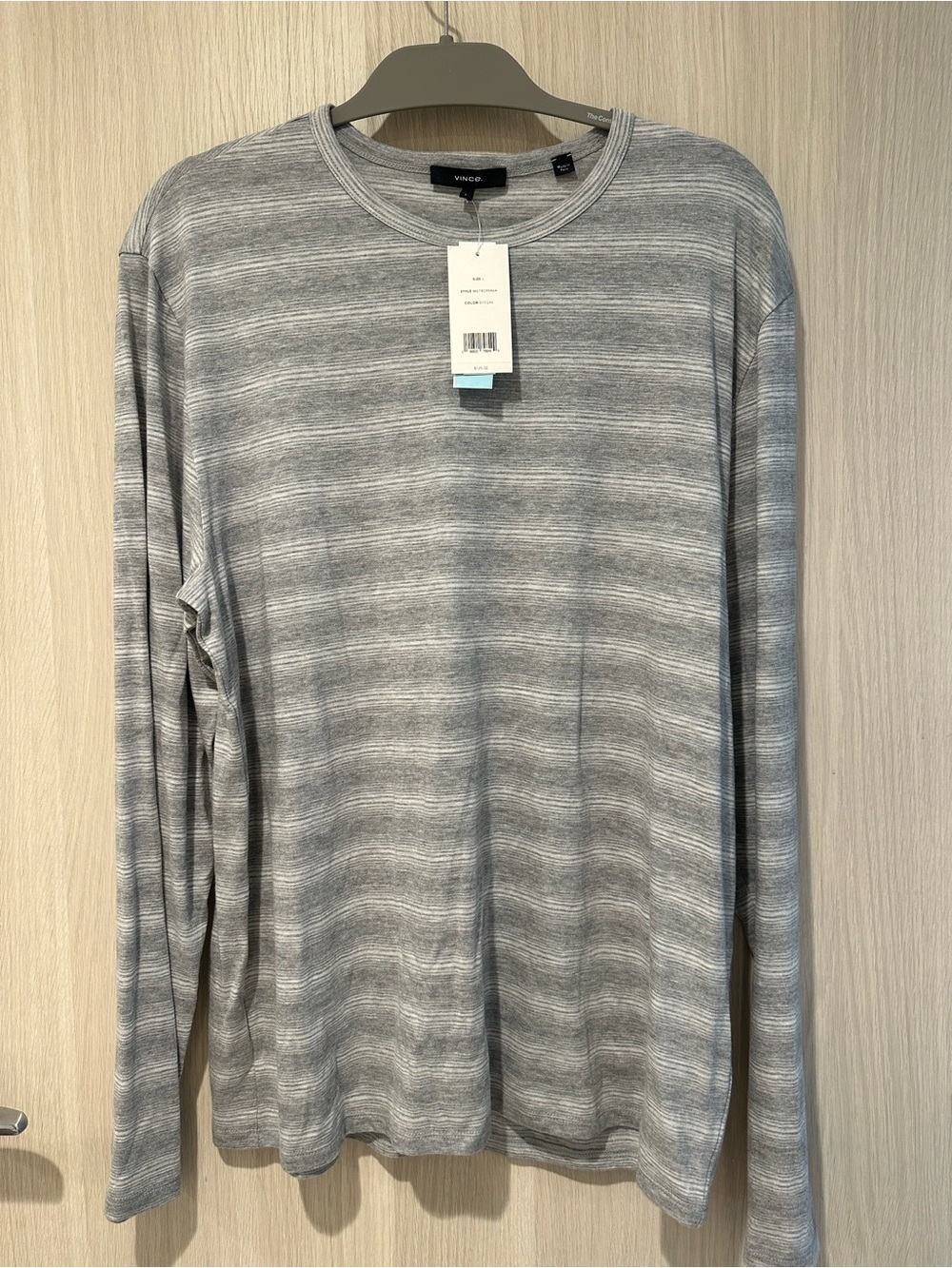 Vince Men's Light Gray Striped Long Sleeve Tee